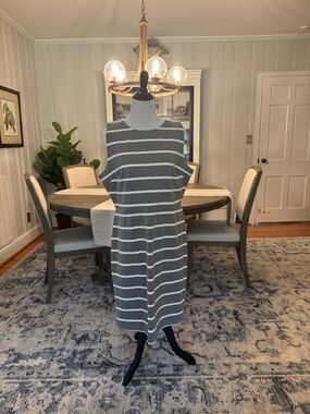 Sleeveless Gray and White Striped Midi Dress